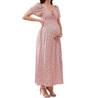 Women's Maternity Floral Maxi Dress Square Neck Short Sleeve Tie Front Casual Dress with Pockets