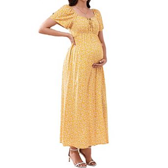 Women's Maternity Floral Maxi Dress Square Neck Short Sleeve Tie Front Casual Dress with Pockets