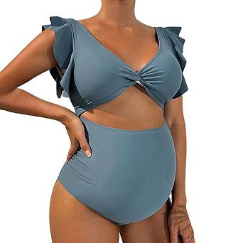 Maternity Swimsuit One Piece Ruffle Sleeve Bathing Suit Ruched Cut-Out Tie Knot Pregnancy Swimwear
