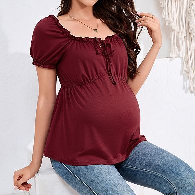 Women's Maternity Square Neck Blouse Summer Tie Front Ruffle Short Sleeve Peplum Top