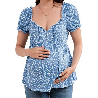 Women's Maternity Square Neck Blouse Summer Tie Front Ruffle Short Sleeve Peplum Top