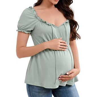Women's Maternity Square Neck Blouse Summer Tie Front Ruffle Short Sleeve Peplum Top