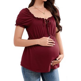 Women's Maternity Square Neck Blouse Summer Tie Front Ruffle Short Sleeve Peplum Top