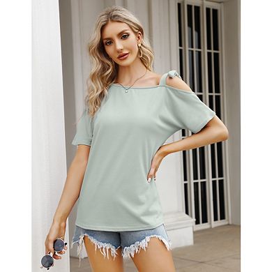 Women's Off Shoulder Tops Casual Short Sleeve Batwing Sleeve Asymmetrical Neck Blouse Shirts