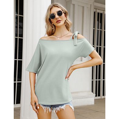 Women's Off Shoulder Tops Casual Short Sleeve Batwing Sleeve Asymmetrical Neck Blouse Shirts