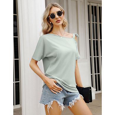 Women's Off Shoulder Tops Casual Short Sleeve Batwing Sleeve Asymmetrical Neck Blouse Shirts