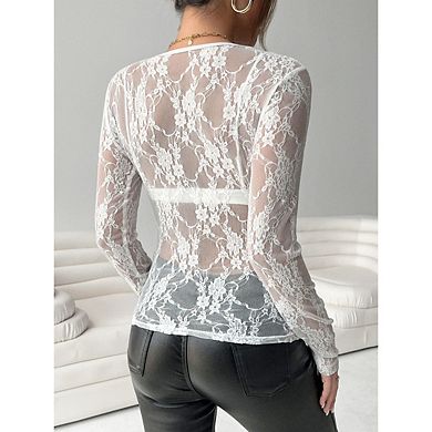 Womens Mesh Tops Lace Long Sleeve Shirts Crewneck Slim Fitted Outfits See Through Blouses