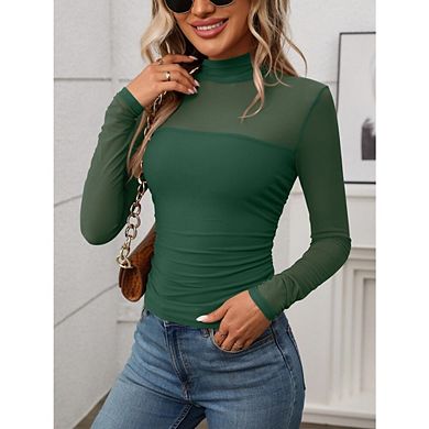 Womens Mesh Sheer Long Sleeve Top Casual Mock Turtle Neck See Though Shirts Ruched Summer Blouses