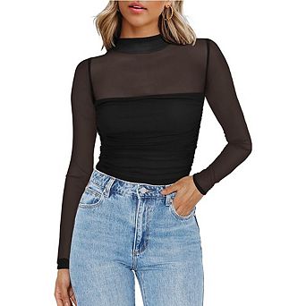Womens Mesh Sheer Long Sleeve Top Casual Mock Turtle Neck See Though Shirts Ruched Summer Blouses