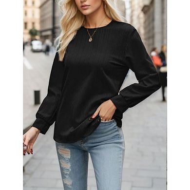 Long Sleeve Shirts Womens Crew Neck Business Casual Blouses with Cuffs