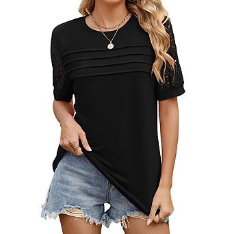 Women's Short Sleeve Crew Neck Shirts Dressy Lace Summer Tops Casual T-Shirts Blouses