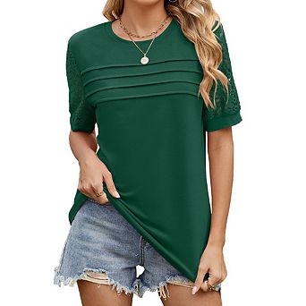 Women's Short Sleeve Crew Neck Shirts Dressy Lace Summer Tops Casual T-Shirts Blouses