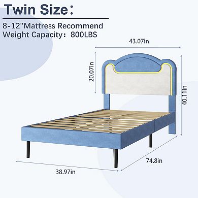 IDEALHOUSE LED Upholstered Bed Frame with Headboard & Wood Slats