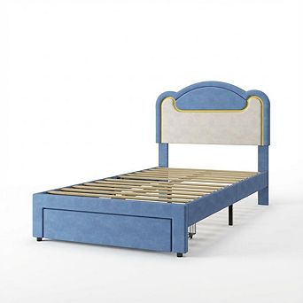 IDEALHOUSE LED Upholstered Bed Frame with Headboard & Wood Slats