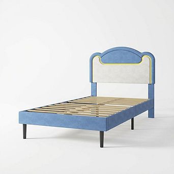 IDEALHOUSE LED Upholstered Bed Frame with Headboard & Wood Slats