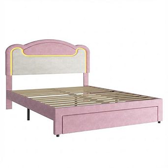 IDEALHOUSE LED Upholstered Bed Frame with Headboard & Wood Slats