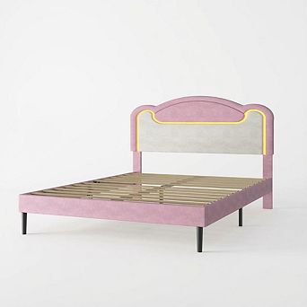 IDEALHOUSE LED Upholstered Bed Frame with Headboard & Wood Slats