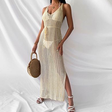 Women Crochet Knit Maxi Dress Backless Hollow Out Solid Color Beach Dresses