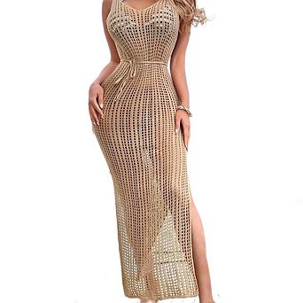 Women Crochet Knit Maxi Dress Backless Hollow Out Solid Color Beach Dresses