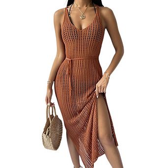 Women Crochet Knit Maxi Dress Backless Hollow Out Solid Color Beach Dresses