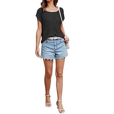 Women's Round Neck Dolman Short Sleeve Open Knit Relaxed Fit Casual Top