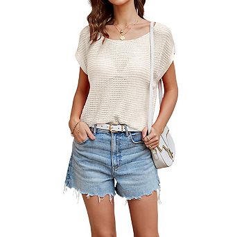 Women's Round Neck Dolman Short Sleeve Open Knit Relaxed Fit Casual Top