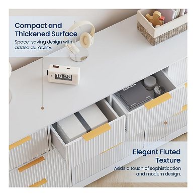 Modern Fluted Double Dresser with 10 Drawer Storage