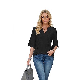 Womens Summer Business Casual Blouses V Neck Short Sleeve T Shirts Hollow Out Business Work Tops
