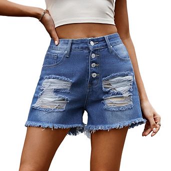 Women's Printed Denim Shorts High Waisted Cut Off Frayed Raw Hem Casual Jeans Boardshorts