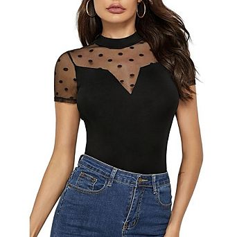 Mesh Short Sleeve Top for Women Lace Sheer Tops See Through Crew Neck Dot Sheer Summer Blouse Shirt