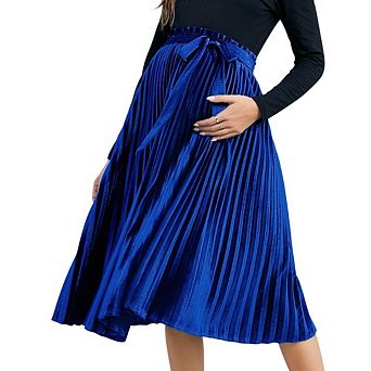 Maternity Skirts Velvet High Elastic Waisted Pleated Ruffle Flowy Swing Holiday Skirt with Belt