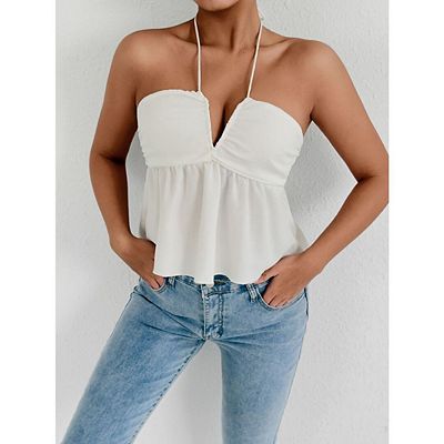 Women Halter Neck Pleated Backless Ruffle Hem Cami Top Sleeveless