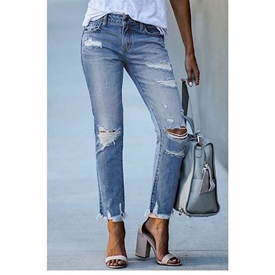 Women's Ripped Jeans Straight Leg Distressed Causal Work Office Boyfriend Denim Pants