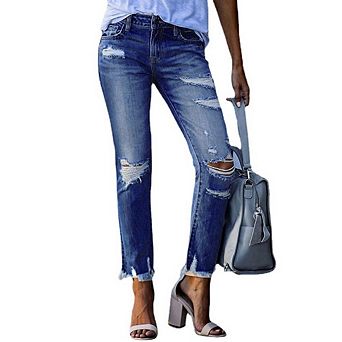Women's Ripped Jeans Straight Leg Distressed Causal Work Office Boyfriend Denim Pants