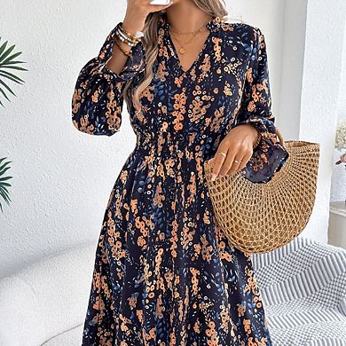 Women's Floral Long Sleeve Flowy A-Line Wrap Neck Midi Dress