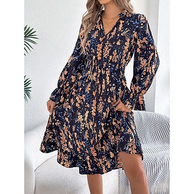 Women's Floral Long Sleeve Flowy A-Line Wrap Neck Midi Dress