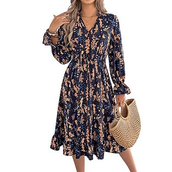 Women's Floral Long Sleeve Flowy A-Line Wrap Neck Midi Dress