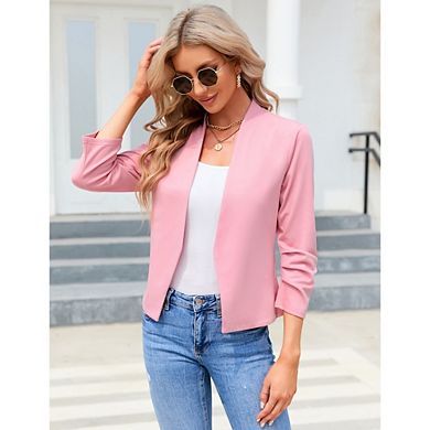 Women's 3/4 Sleeve Open Front Blazer Collarless Cropped Casual Work Office Jacket
