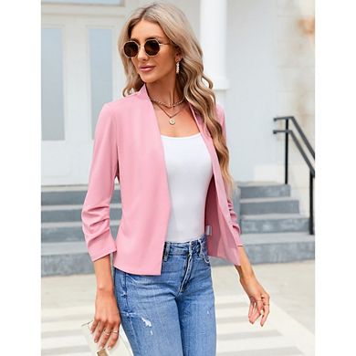 Women's 3/4 Sleeve Open Front Blazer Collarless Cropped Casual Work Office Jacket