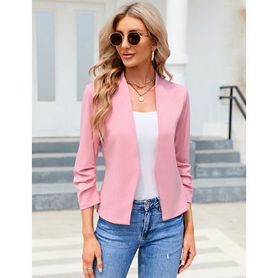 Women's 3/4 Sleeve Open Front Blazer Collarless Cropped Casual Work Office Jacket