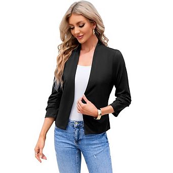 Women's 3/4 Sleeve Open Front Blazer Collarless Cropped Casual Work Office Jacket