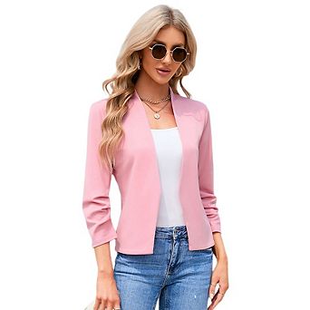 Women's 3/4 Sleeve Open Front Blazer Collarless Cropped Casual Work Office Jacket