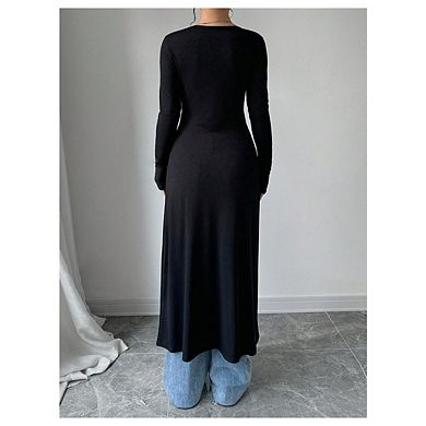 Women's Button Long Cardigan V Neck Slit Ribbed Knit Button Sweater Casual Going Out Tops