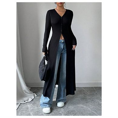 Women's Button Long Cardigan V Neck Slit Ribbed Knit Button Sweater Casual Going Out Tops