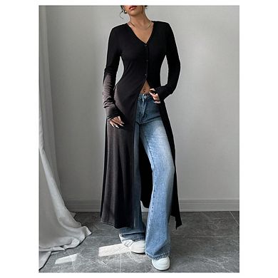 Women's Button Long Cardigan V Neck Slit Ribbed Knit Button Sweater Casual Going Out Tops