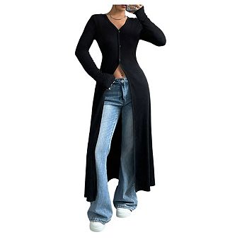Women's Button Long Cardigan V Neck Slit Ribbed Knit Button Sweater Casual Going Out Tops