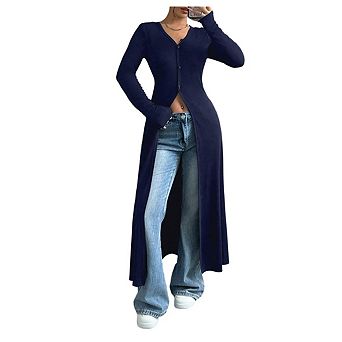 Women's Button Long Cardigan V Neck Slit Ribbed Knit Button Sweater Casual Going Out Tops