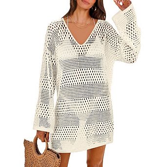 Womens Crochet Cover Up V Neck Beach Vaction Mini Dress Hollow Out Long Sleeve Swimsuit Coverup