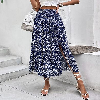 Women's Boho Floral Mesh Slit Split High Waisted Midi Skirts