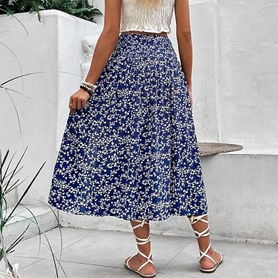 Women's Boho Floral Mesh Slit Split High Waisted Midi Skirts